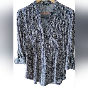 Ava & Grace Navy with Tan Dots 3/4 button down Blouse Sz PS